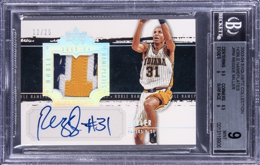 2003-04 UD "Exquisite Collection" Noble Nameplates #RM Reggie Miller Signed Patch Card (#12/25) - BGS MINT 9/BGS 10